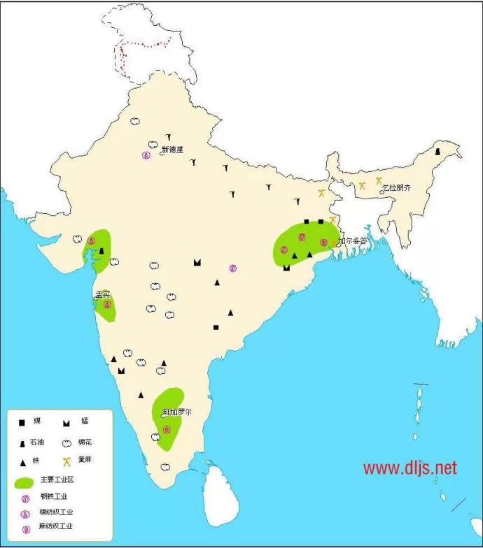 印度矿产资源、棉花、黄麻和工业的分布图