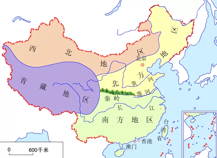 中国区域地理示意图,中国四大区域