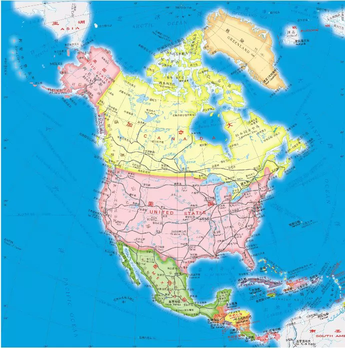北美洲地图,北美洲地图中文版,英文版,地形图
