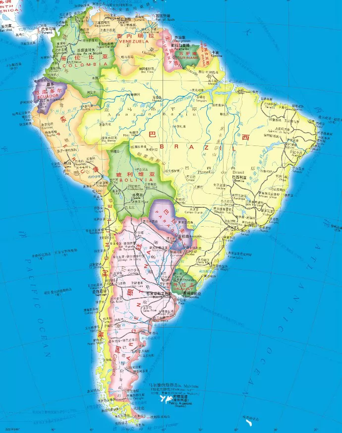 南美洲地图,南美洲地图中文版,英文版,地形图