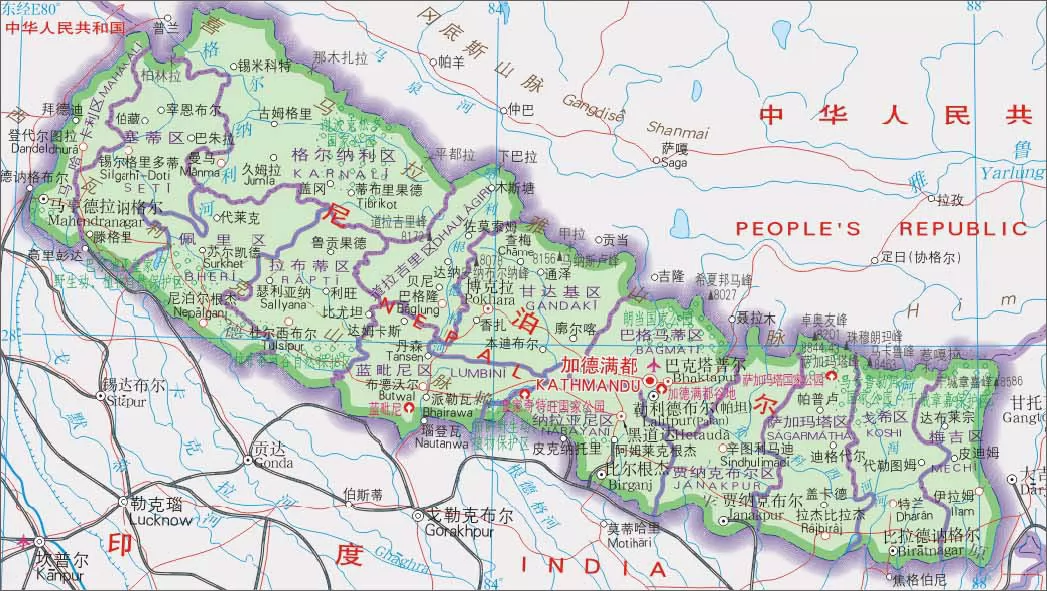 尼泊尔地图中英文对照版全图 - 中英世界地图 - 地理