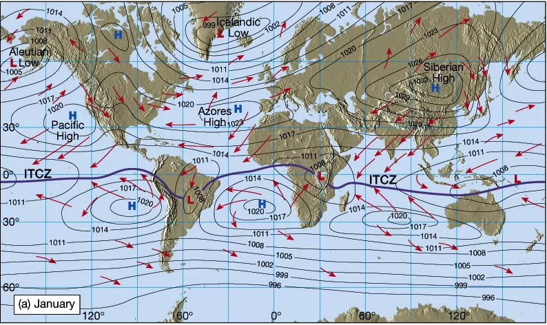 世界1月海平面气压与风向图
