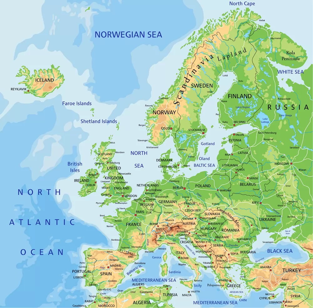 欧洲西部地形图英文版