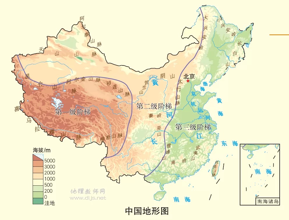高清中国地形三级阶梯示意图 - 初中地理图片 - 地理教师网