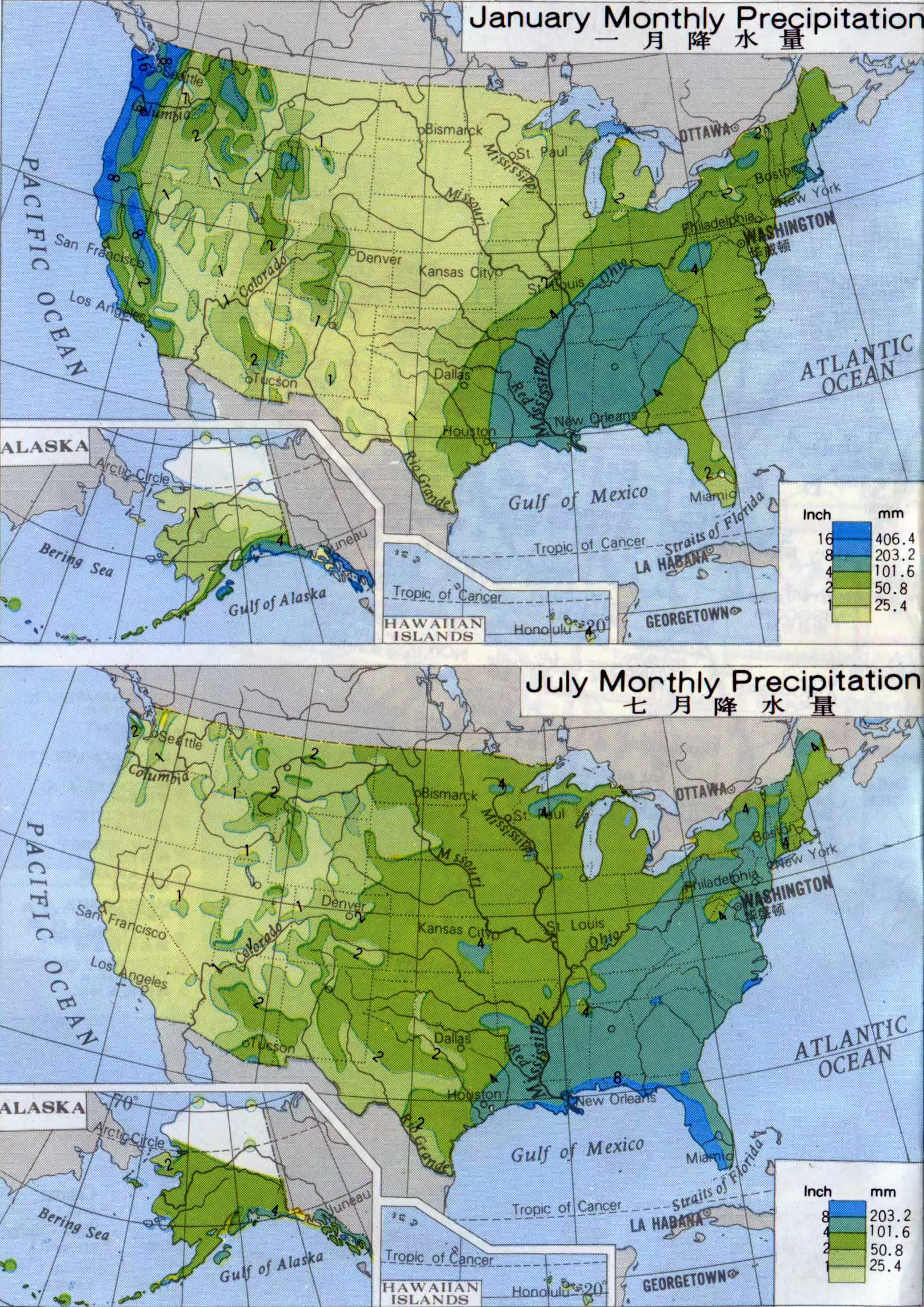 美国年降水量分布图图片