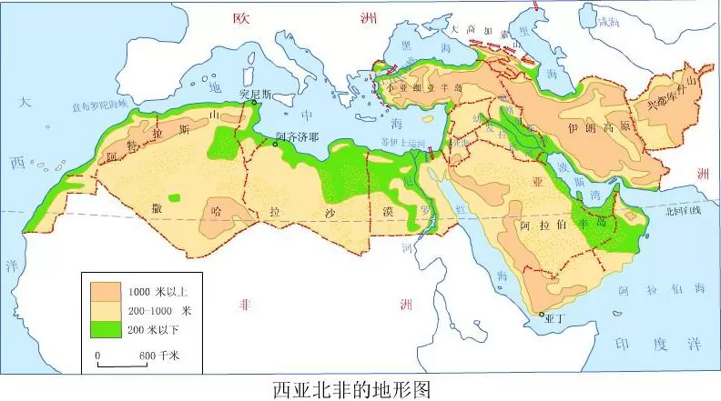 西亚和北非地形分布图
