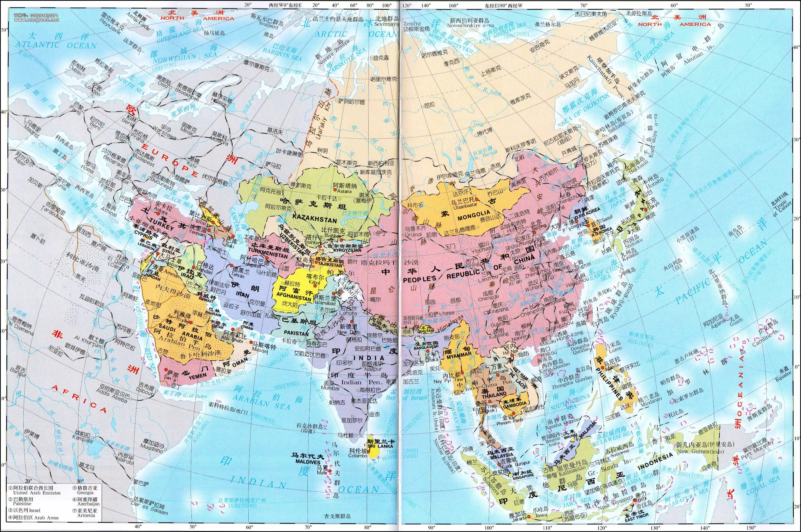 最新亚洲地图高清英文版_Map of Asia